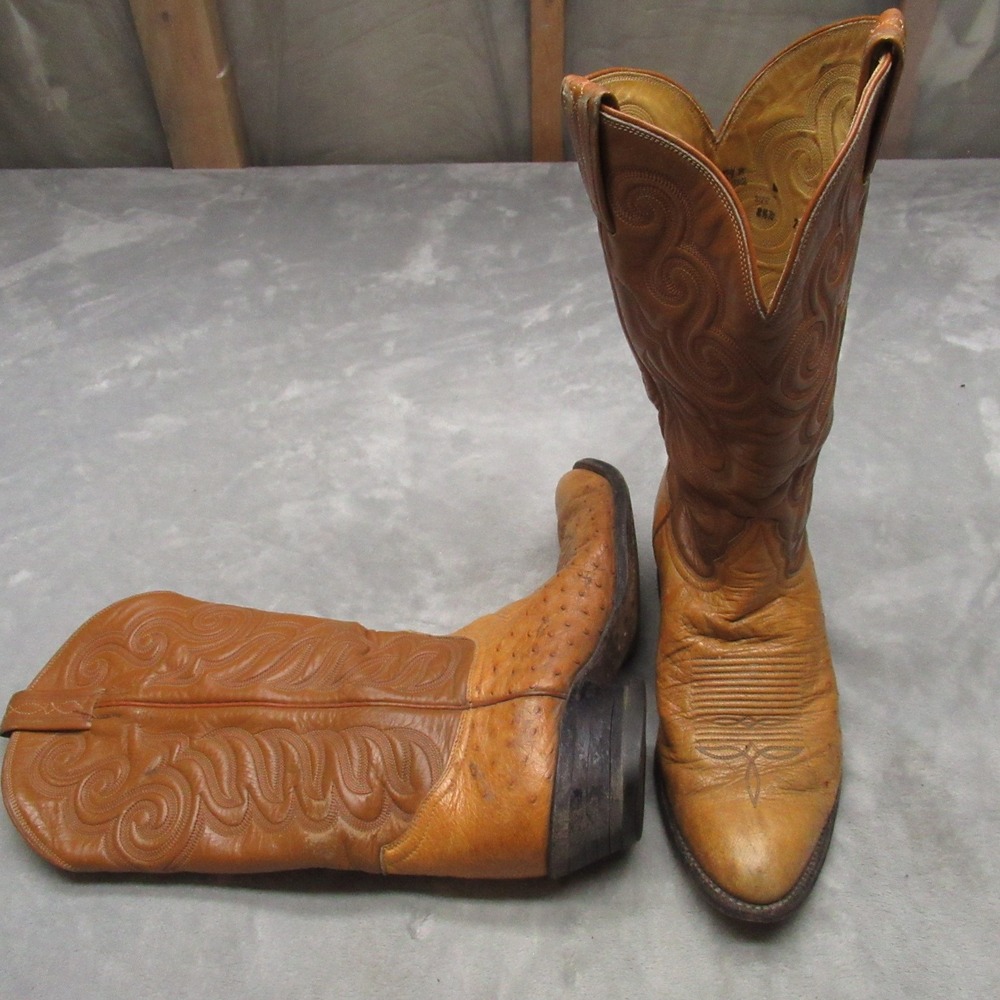 Tony Lama Mens 8.5D Tan Ostrich Leather Riding Western Cowboy Tall 8580 VTG USA